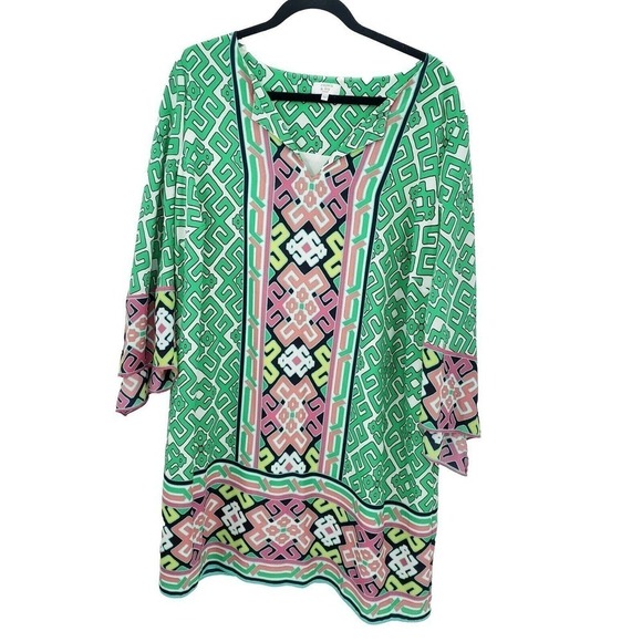 Crown & Ivy Geometric Print Shift Dress Womens 16w 16 Multicolor 3/4 Sleeve Knit - Picture 1 of 13